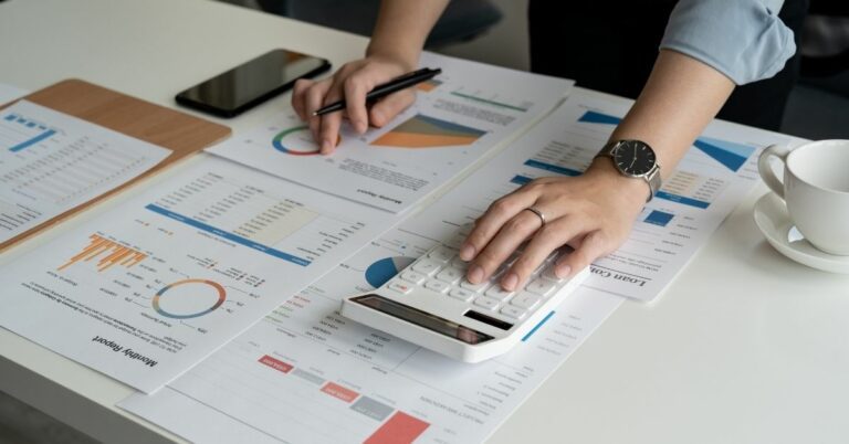 Accoutant woman using calculator accounting financial budget